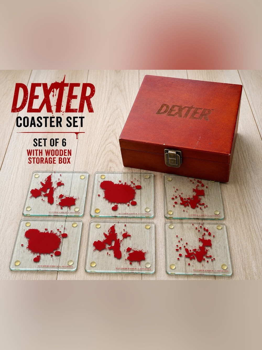 Dexter Blood Spatter Coaster Set w/ Wooden Storage Box Showtime TV Series